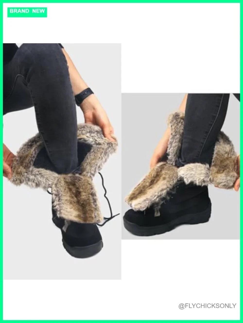 Women's Black Snow Boots Fur Cuff Mid-Calf Waterproof Lace Up Winter